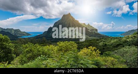 Panoramic mountain peak landscape with Cook`s Bay and Opunohu Bay on the tropical Island of Moorea, French Polynesia. Stock Photo